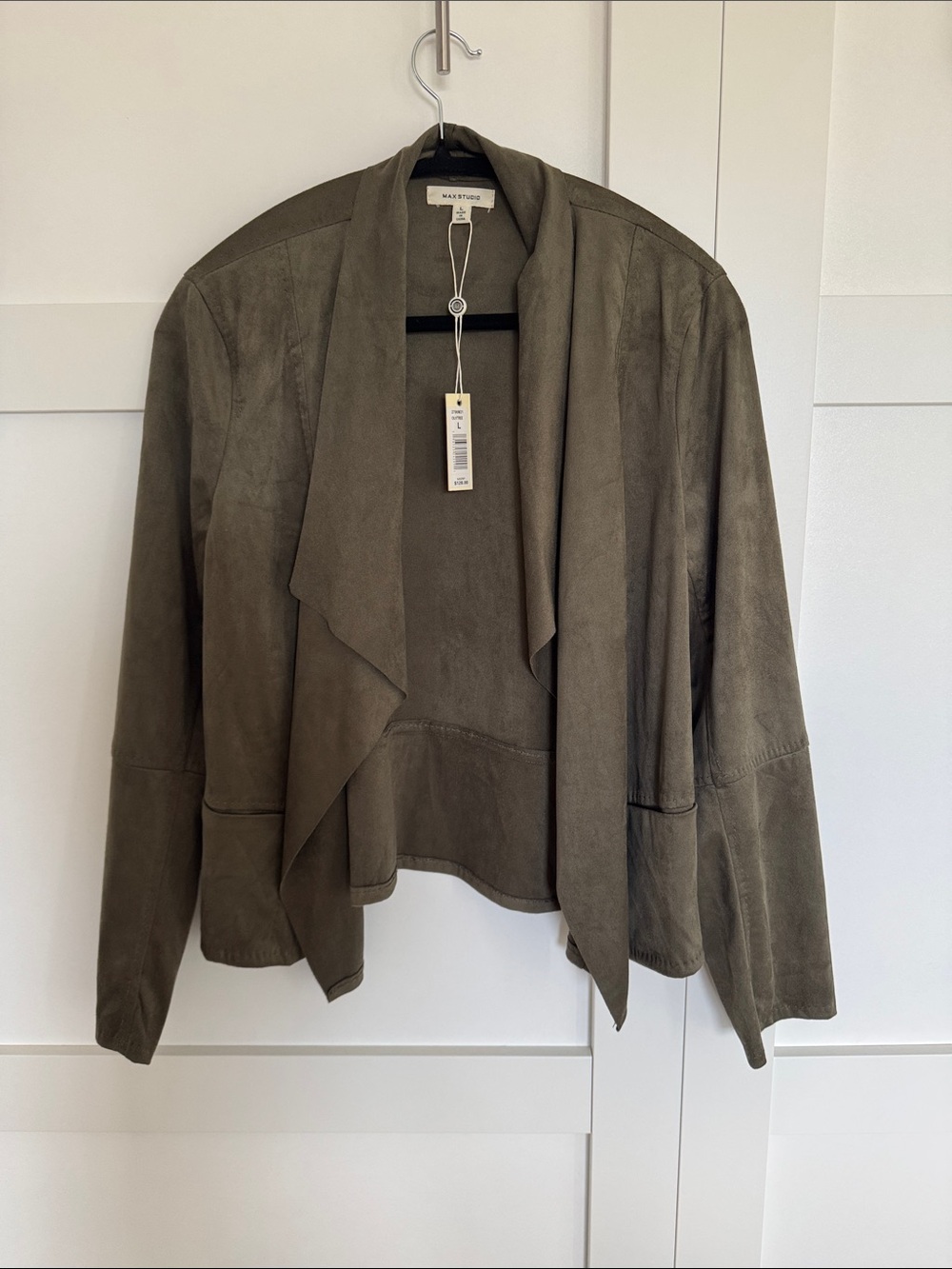 Max Studio Suede Draped Open-Front Jacket in Olive size L NWT